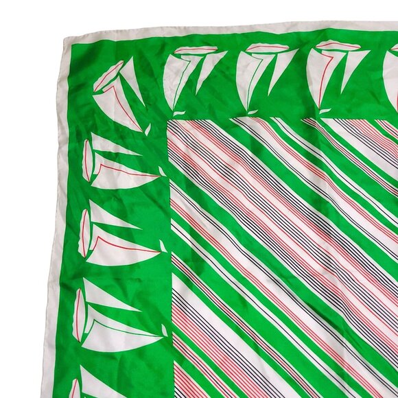 Vintage Echo Silk Scarf Green Nautical Sailboat Print Red Black Stripes As-Is - Picture 9 of 16